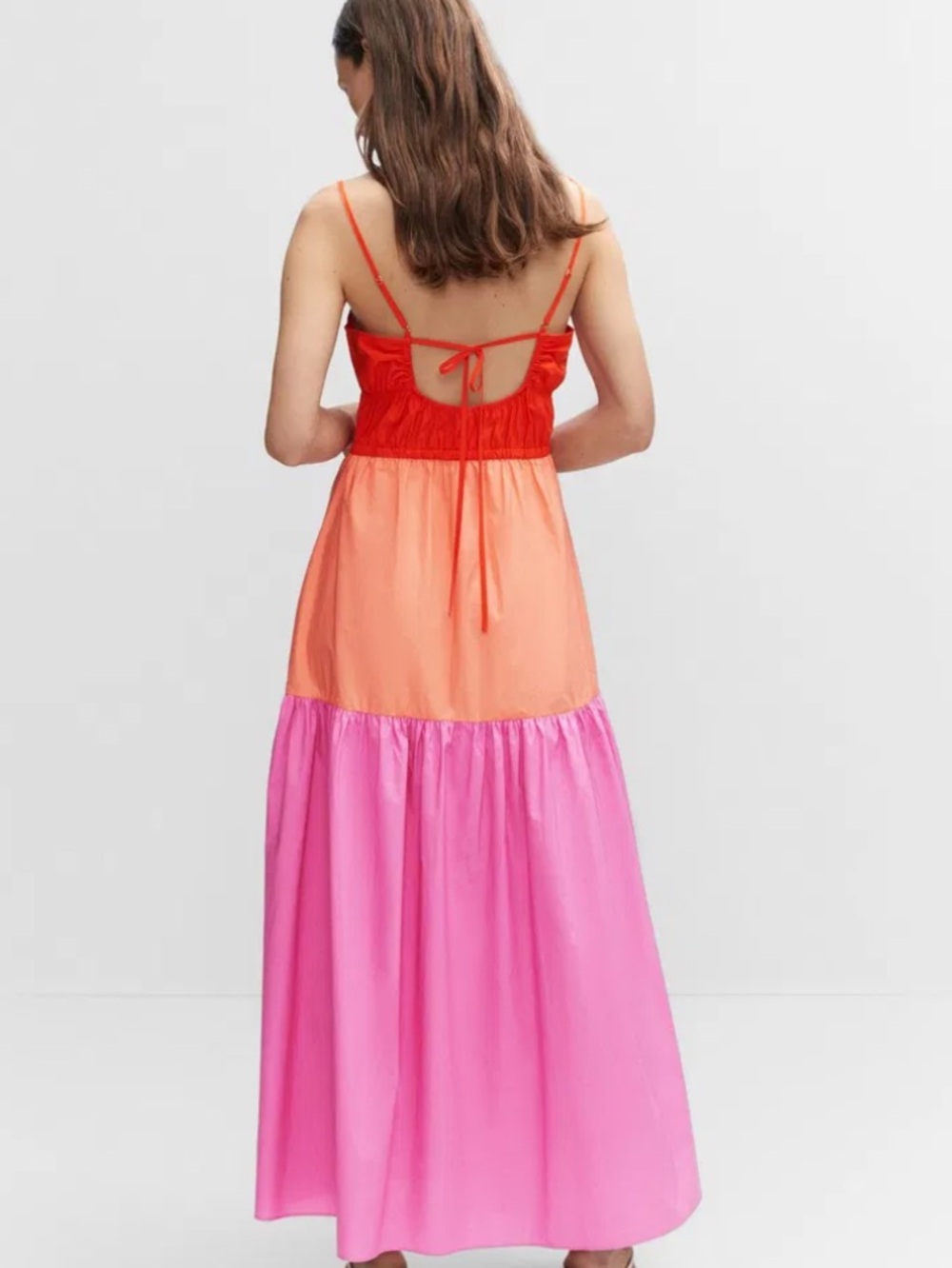 Mango - Colorblock Pink-Orange Maxi Dress with Tie Back